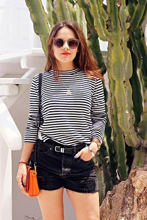 Black shorts with a striped top